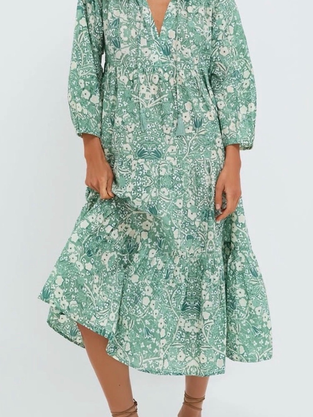 Brand tag removed Caftan Maxi Dress Green size S 100% cotton Floral with tassels